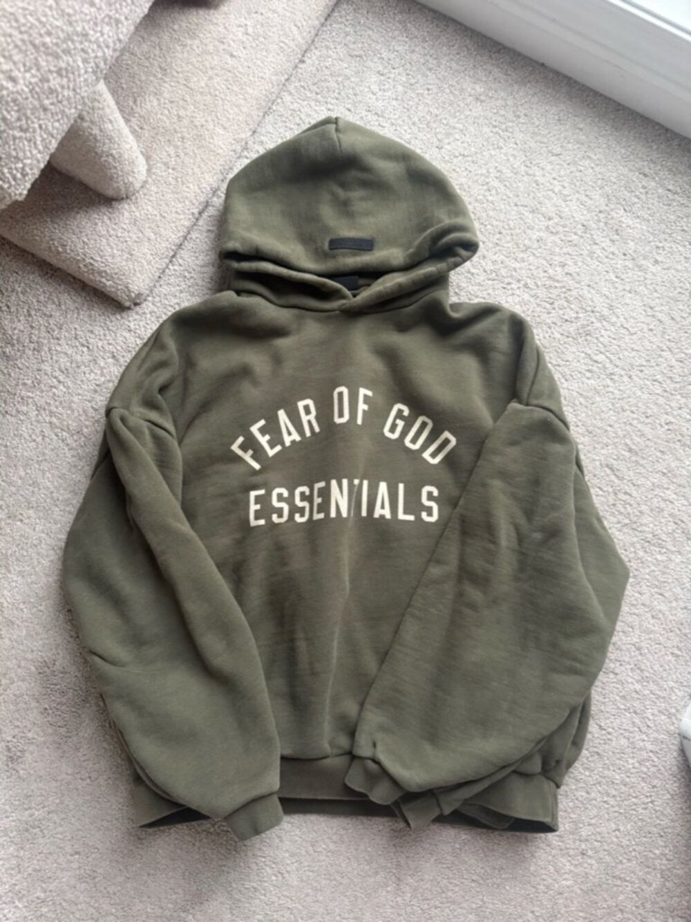 Fear of God Essentials Olive Green Fleece Hoodie with Cream Logo